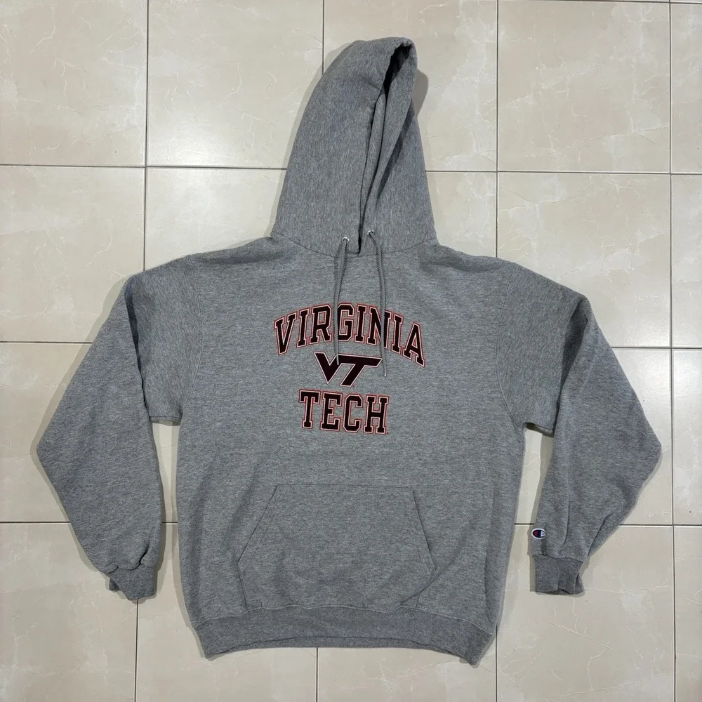 Vintage Virginia Tech Champion Hoodie Sweatshirt Men's Large College Y2K Gray